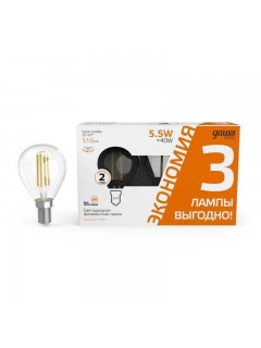 Лампа светодиодная филаментная Basic Filament 5.5Вт шар 2700К Е14 510лм (уп.3шт) GAUSS 1051116T