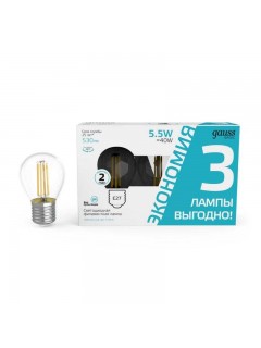 Лампа светодиодная филаментная Basic Filament 5.5Вт шар 4100К Е27 530лм (уп.3шт) GAUSS 1051226T