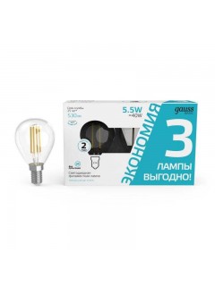 Лампа светодиодная филаментная Basic Filament 5.5Вт шар 4100К Е14 530лм (уп.3шт) GAUSS 1051126T