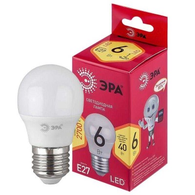 Лампа светодиодная LED P45-6W-827-E27 R P45 6Вт шар E27 тепл. бел. ЭРА Б0049643