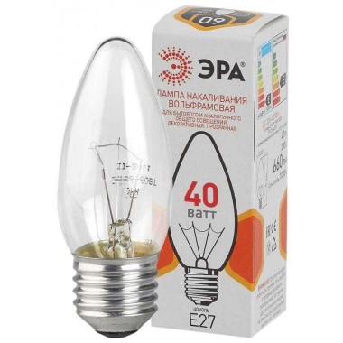 Лампа накаливания ДС 40-230-E27-CL ДС (B36) 40Вт свеча E27 230В ЭРА Б0039128