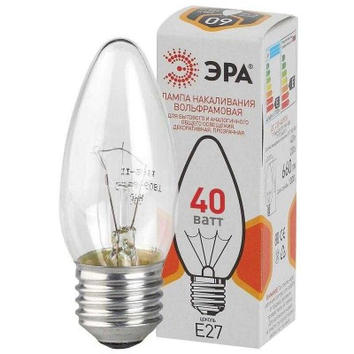 Лампа накаливания ДС 40-230-E27-CL ДС (B36) 40Вт свеча E27 230В ЭРА Б0039128