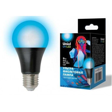 Лампа светодиодная LED-A60-9W/UVAD/E27/FR PLZ07BK 410нм ультрафиолетовая для дискотек спектр UVA картон Uniel UL-00005855