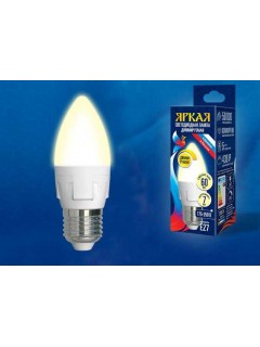 Лампа светодиодная LED-C37 7W/3000K/E27/FR/DIM PLP01WH Яркая 7Вт свеча матовая 3000К тепл. бел. E27 диммир. (упак. картон) Uniel UL-00004297