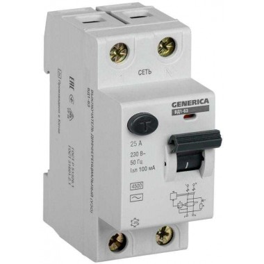 Выключатель дифференциального тока (УЗО) 2п 25А 100мА тип AC ВД1-63 GENERICA MDV15-2-025-100