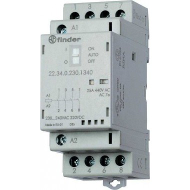 Контактор модульный 3NO+1NC 25А AgSnO2 230В AC/DC 35мм IP20 опции: мех.индикатор + LED FINDER 223402304720