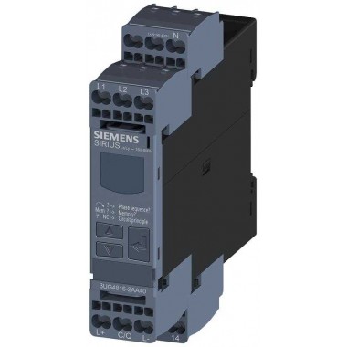 Реле контроля цифровое для 3ф напряжения с нейтральным проводом для IO-Link AC 50-60Гц 3X 160-690В чередование фаз выпадение фазы гистерезис 1-20В время задержки срабатывания 1 перекл. контакт пруж. клеммы Siemens 3UG48162AA40