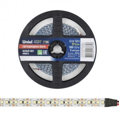 Лента светодиодная ULS-M16-2835-180LED/m-10mm-IP20-DC12V-17W/m-5M-4000K PROFI 17Вт/м 180LED/м 4000К нейтр. бел. IP20 12В DC 10мм гибкая на самоклеящейся основе герметичн. упак. (уп.5м) Uniel UL-00007640