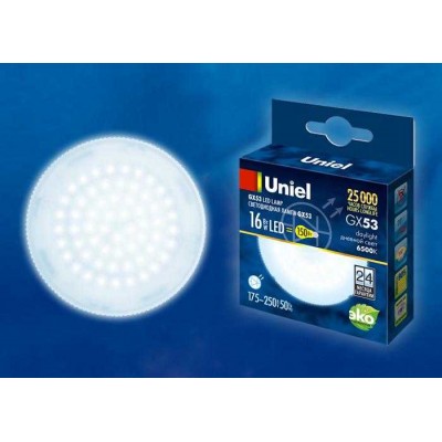 Лампа светодиодная LED-GX53-16W/6500K/GX53/FR PLZ01WH 16Вт матовая 6500К холод. бел. GX53 (упак. картон) Uniel UL-00005315