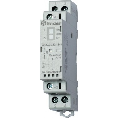 Контактор модульный 2NC 25А AgSnO2 230В AC/DC 17.5мм IP20 опции: переключатель Авто-Вкл-Выкл + мех. индикатор + LED FINDER 223202304440