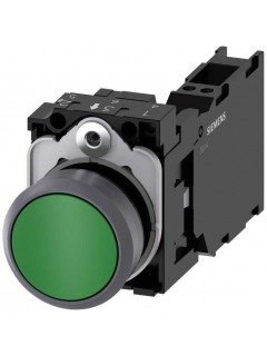Выключатель кнопочный 22мм кругл. пластмасса с металлическим фронтальным кольцом цвет: зеленый кнопка плоск. нажатием на кнопку с держателем 1НО+1НЗ пружинная клемма Siemens 3SU11300AB403FA0