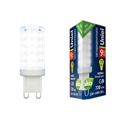 Лампа светодиодная LED-JCD-9W/4000K/G9/CL GLZ09TR 9Вт прозрачная 4000К нейтр. бел. (упак. картон) Uniel UL-00006489