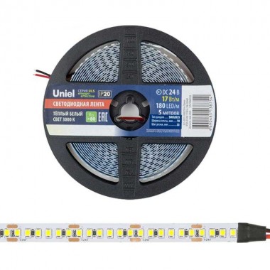 Лента светодиодная ULS-2835-180LED/m-10mm-IP20-DC24V-17W/m-5M-3000K 17Вт/м 180LED/м 3000К тепл. бел. IP20 24В DC 10мм гибкая на самоклеящейся основе герметичн. упак. (уп.5м) Uniel UL-00007642