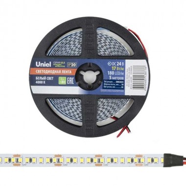 Лента светодиодная ULS-2835-180LED/m-10mm-IP20-DC24V-17W/m-5M-4000K 17Вт/м 180LED/м 4000К нейтр. бел. IP20 24В DC 10мм гибкая на самоклеящейся основе герметичн. упак. (уп.5м) Uniel UL-00007643