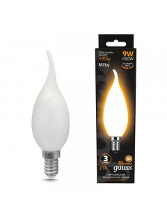 Лампа светодиодная филаментная Black Filament 9Вт свеча на ветру матовая 3000К тепл. бел. E14 590лм GAUSS 104201109
