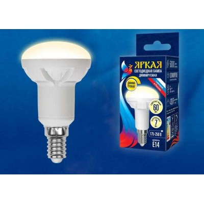 Лампа светодиодная LED-R50 7W/3000K/E14/FR/DIM PLP01WH Яркая 7Вт матовая 3000К тепл. бел. E14 диммир. (упак. картон) Uniel UL-00004710