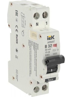 Выключатель автоматический дифференциального тока 2п (1P+N) B 32А 30мА тип AC АВДТ B06S 18мм ARMAT IEK AR-B06S-1N-B32C030