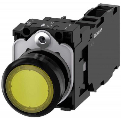 Кнопка круглая плоская 22мм с подсветкой пластик контакты мгновен. действияй с держателем 1NO+1NC желт. Siemens 3SU11060AB301FA0
