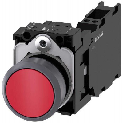 Выключатель кнопочный 22мм кругл. пластмасса с металлическим фронтальным кольцом цвет: красный кнопка плоск. нажатием на кнопку с держателем 1НО+1НЗ пружинная клемма Siemens 3SU11300AB203FA0
