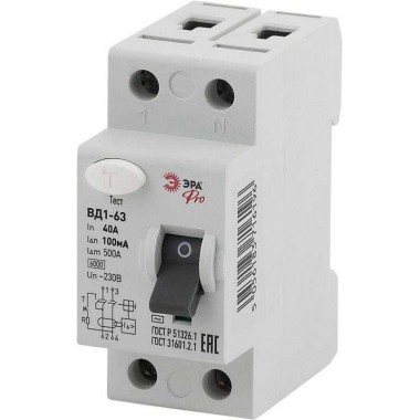 Выключатель дифференциального тока (УЗО) 1P+N 40А 100мА ВД1-63 Pro NO-902-38 ЭРА Б0031883