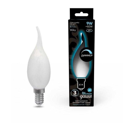 Лампа светодиодная филаментная Black Filament 9Вт свеча на ветру матовая 4100К нейтр. бел. E14 610лм диммир. GAUSS 104201209-D