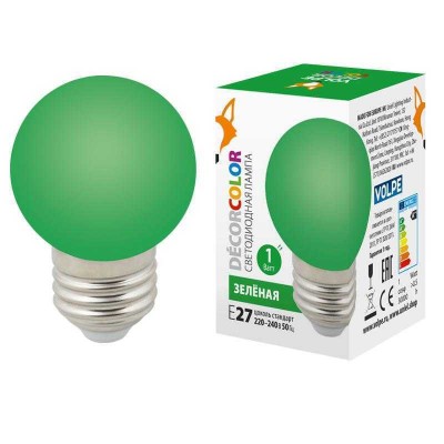 Лампа светодиодная LED-G45-1W/GREEN/E27/FR/С 1Вт шар матовая зел. E27 декоративная (упак. картон) Volpe UL-00005648