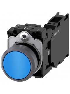 Выключатель кнопочный 22мм кругл. пластмасса с металлическим фронтальным кольцом цвет: синий кнопка плоск. нажатием на кнопку с держателем 1НО+1НЗ пружинная клемма Siemens 3SU11300AB503FA0