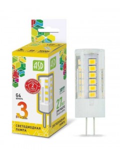 Лампа светодиодная LED-JC-standard 3Вт капсульная 3000К тепл. бел. G4 270лм 12В ASD 4690612004624