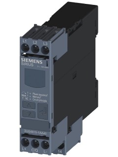 Реле контроля цифровое для 3ф напряжения питания для IO-Link AC 50-60Гц 3X 160-690В чередование фаз выпадение фазы гистерезис 1-20В время стабилизации сети время задержки срабатывания 1 перекл. контакт винтовой зажим Siemens 3UG48151AA40