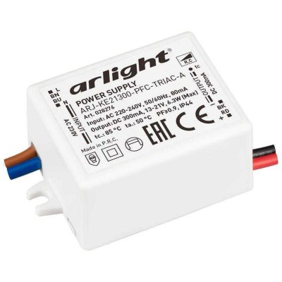 Блок питания ARJ-KE21300-PFC-TRIAC-A 6.3Вт 300мА IP44 пластик 5 лет Arlight 028276