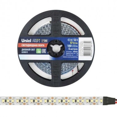 Лента светодиодная ULS-M16-2835-180LED/m-10mm-IP20-DC12V-17W/m-5M-6500K PROFI 17Вт/м 180LED/м 6500К холод. бел. IP20 12В DC 10мм гибкая на самоклеящейся основе герметичн. упак. (уп.5м) Uniel UL-00007641