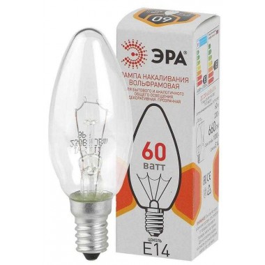 Лампа накаливания ДС 60-230-E14-CL 60Вт свеча (B36) 230В E14 ЭРА Б0039129