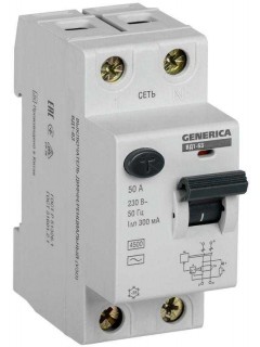 Выключатель дифференциального тока (УЗО) 2п 50А 300мА тип AC ВД1-63 GENERICA MDV15-2-050-300