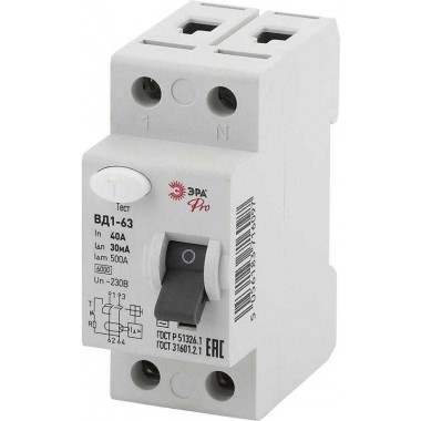 Выключатель дифференциального тока (УЗО) 1P+N 40А 30мА ВД1-63 Pro NO-902-25 ЭРА Б0031874