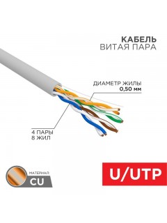 Кабель витая пара U/UTP 4х2х24AWG кат.5E solid CU PVC сер. (м) Rexant 01-0043