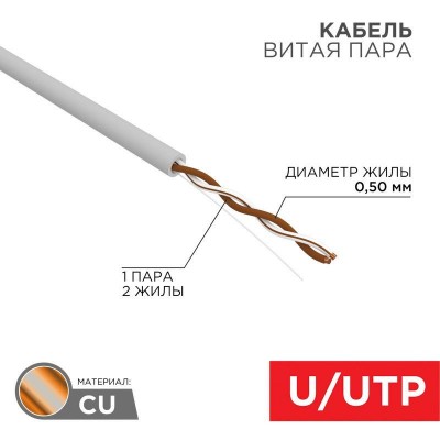 Кабель витая пара U/UTP 1х2х24AWG кат.5E solid CU PVC сер. (м) Rexant 01-0002