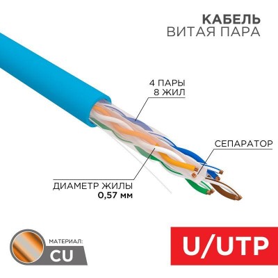 Кабель витая пара U/UTP 4х2х23AWG кат.6 solid CU PVC син. (м) Rexant 01-0047