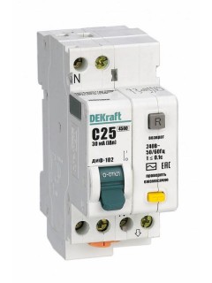 Выключатель автоматический дифференциального тока 2п (1P+N) C 25А 30мА тип AC 4.5кА ДИФ-102 2мод. DEKraft 16005DEK