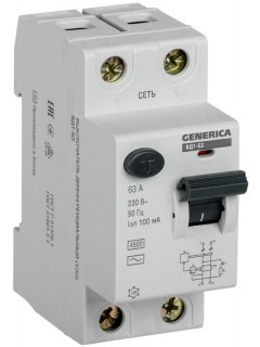 Выключатель дифференциального тока (УЗО) 2п 63А 100мА тип AC ВД1-63 GENERICA MDV15-2-063-100