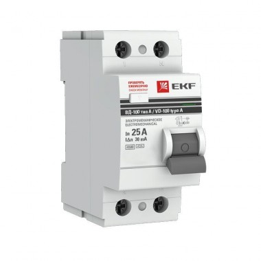 Выключатель дифференциального тока (УЗО) 2п 25А 30мА тип A ВД-100 (электромех.) PROxima EKF elcb-2-25-30-em-a-pro