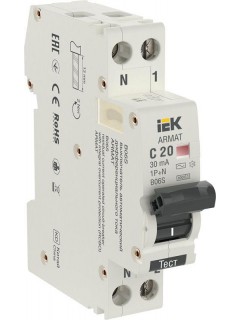 Выключатель автоматический дифференциального тока 2п (1P+N) C 20А 30мА тип AC АВДТ B06S 18мм ARMAT IEK AR-B06S-1N-C20C030