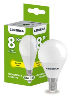 Лампа светодиодная G45 8Вт шар 3000К E14 230В GENERICA LL-G45-08-230-30-E14-G