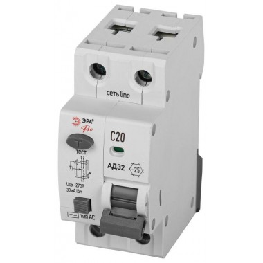 Выключатель автоматический дифференциального тока 1P+N C20 30мА тип АC защита 230В АВДТ 4.5кА PRO D32E2C20АC30P АД32 электронное Эра Б0057353