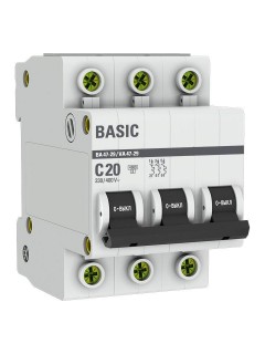 Выключатель автоматический модульный 3п C 20А 4.5кА ВА 47-29 Basic EKF mcb4729-3-20C