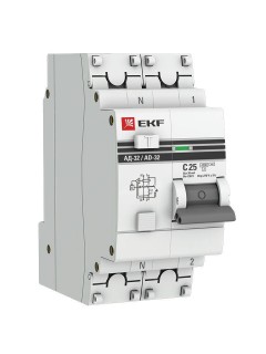 Выключатель автоматический дифференциального тока 2п (1P+N) C 25А 30мА тип AC 4.5кА АД-32 2мод. защита 270В электрон. PROxima EKF DA32-25-30-pro