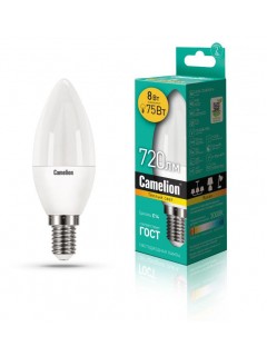 Лампа светодиодная LED8-C35/830/E14 8Вт свеча 3000К тепл. бел. E14 720лм 170-265В Camelion 12385