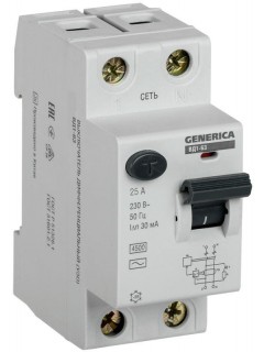 Выключатель дифференциального тока (УЗО) 2п 25А 30мА тип AC ВД1-63 GENERICA MDV15-2-025-030